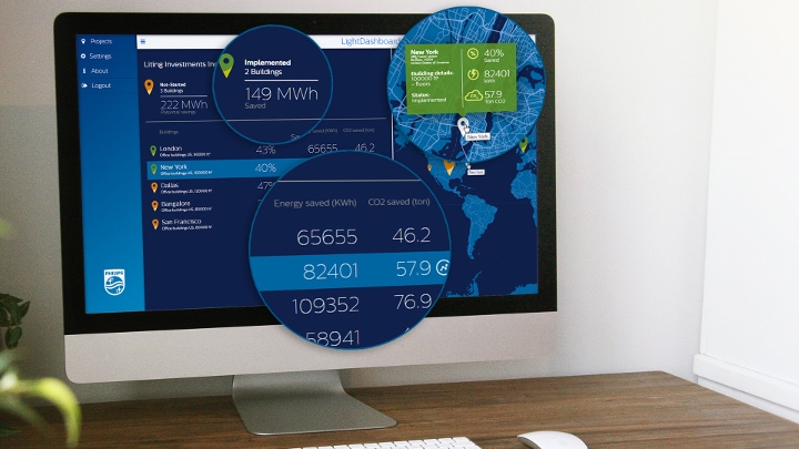 El sistema de iluminación conectada de Philips Lighting (- InterAct Office) incluye software de gestión y análisis para que puedas tomar decisiones basadas en datos.