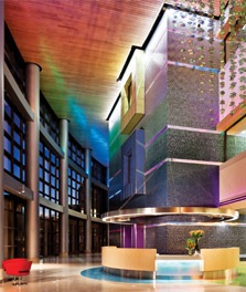 Zona de recepción con iluminación colorida, intensa y acogedora - iluminación para zonas de recepción de hospitales